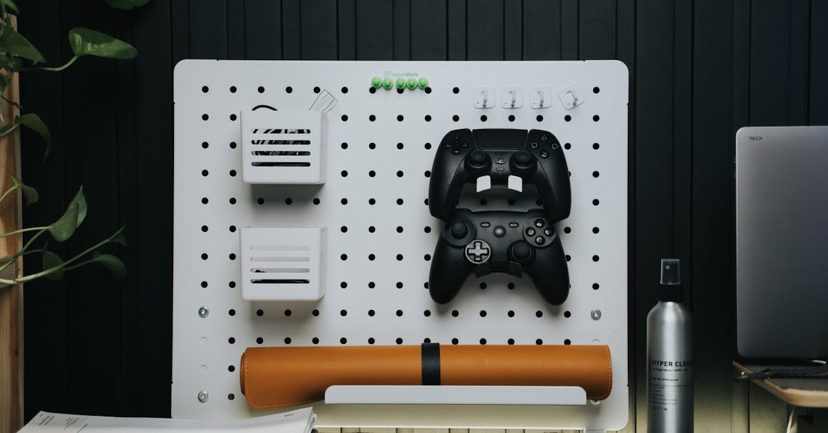 a video game controller sits on a peg board