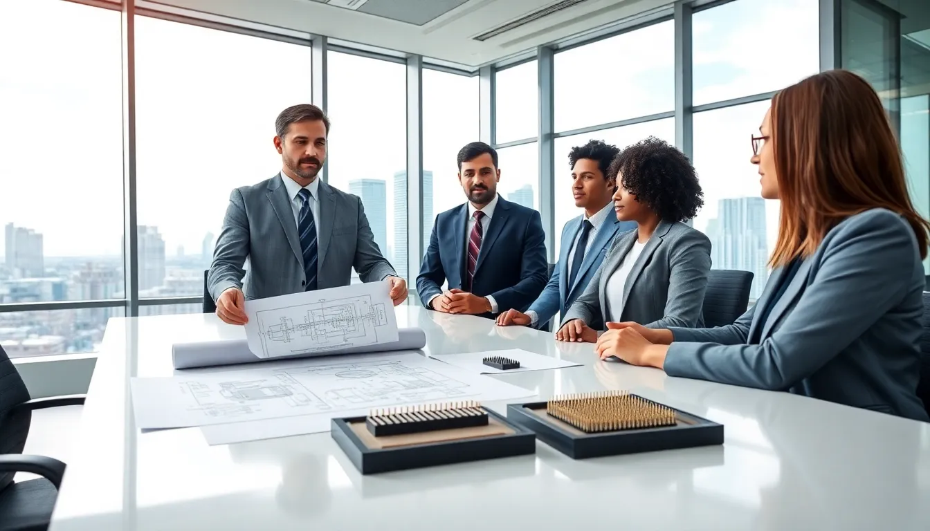 engineer presents small pogo pins to team in a modern u s office