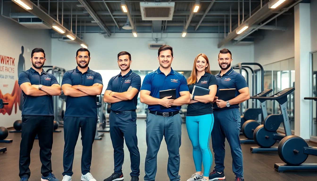 five professional trainers posing confidently in a modern perth gym